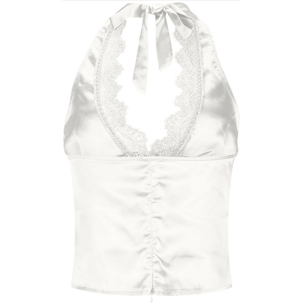 Commense Y2K White Satin Halter Top Lace Trim Plunge Backless Crop Size S - Picture 11 of 11